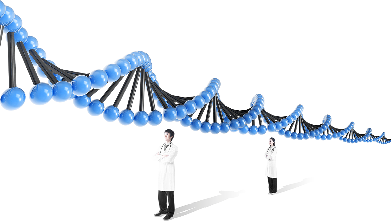 Laboratory scientists beside a large DNA helix model