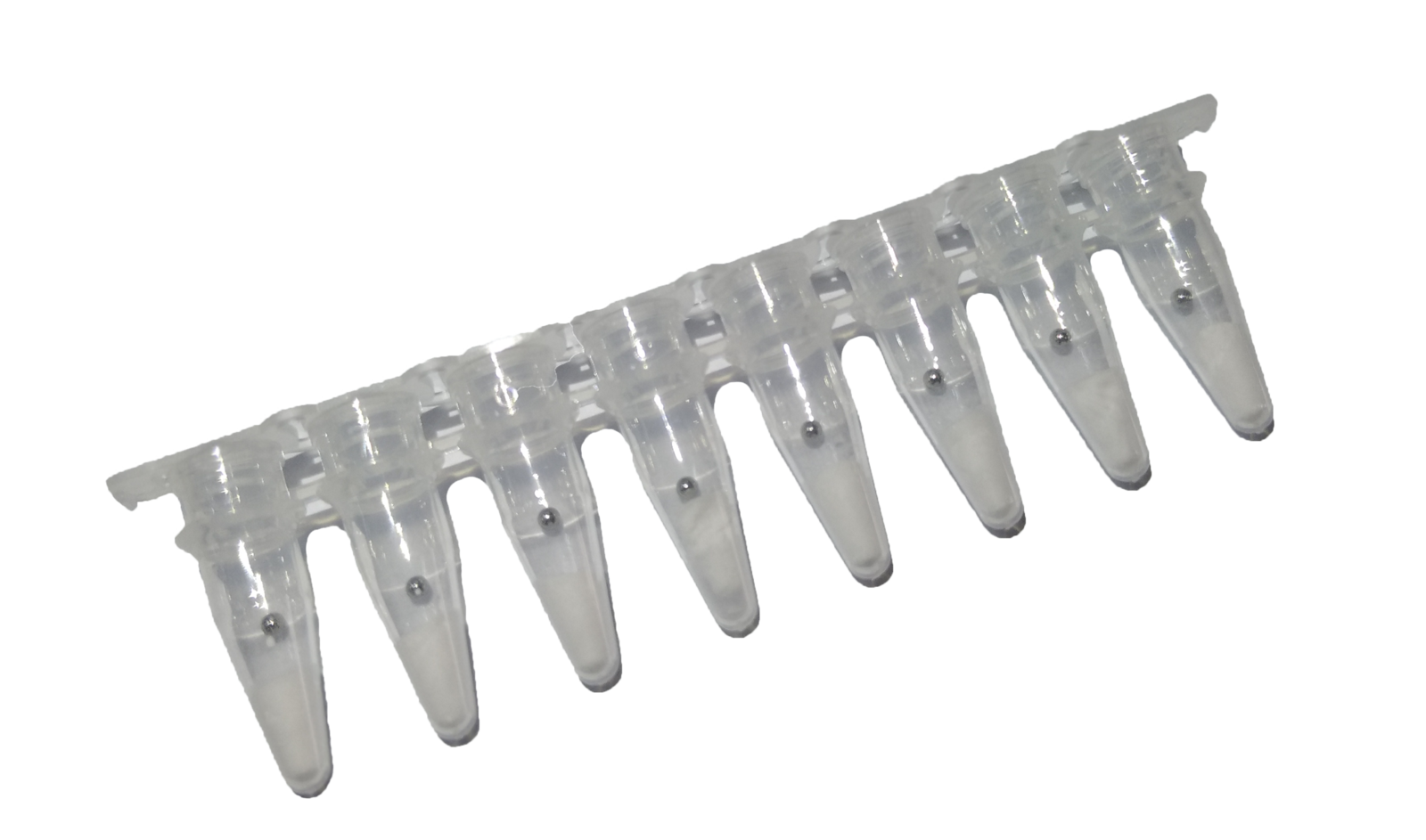 Eight-well strip of lyophilised RAA reaction tubes